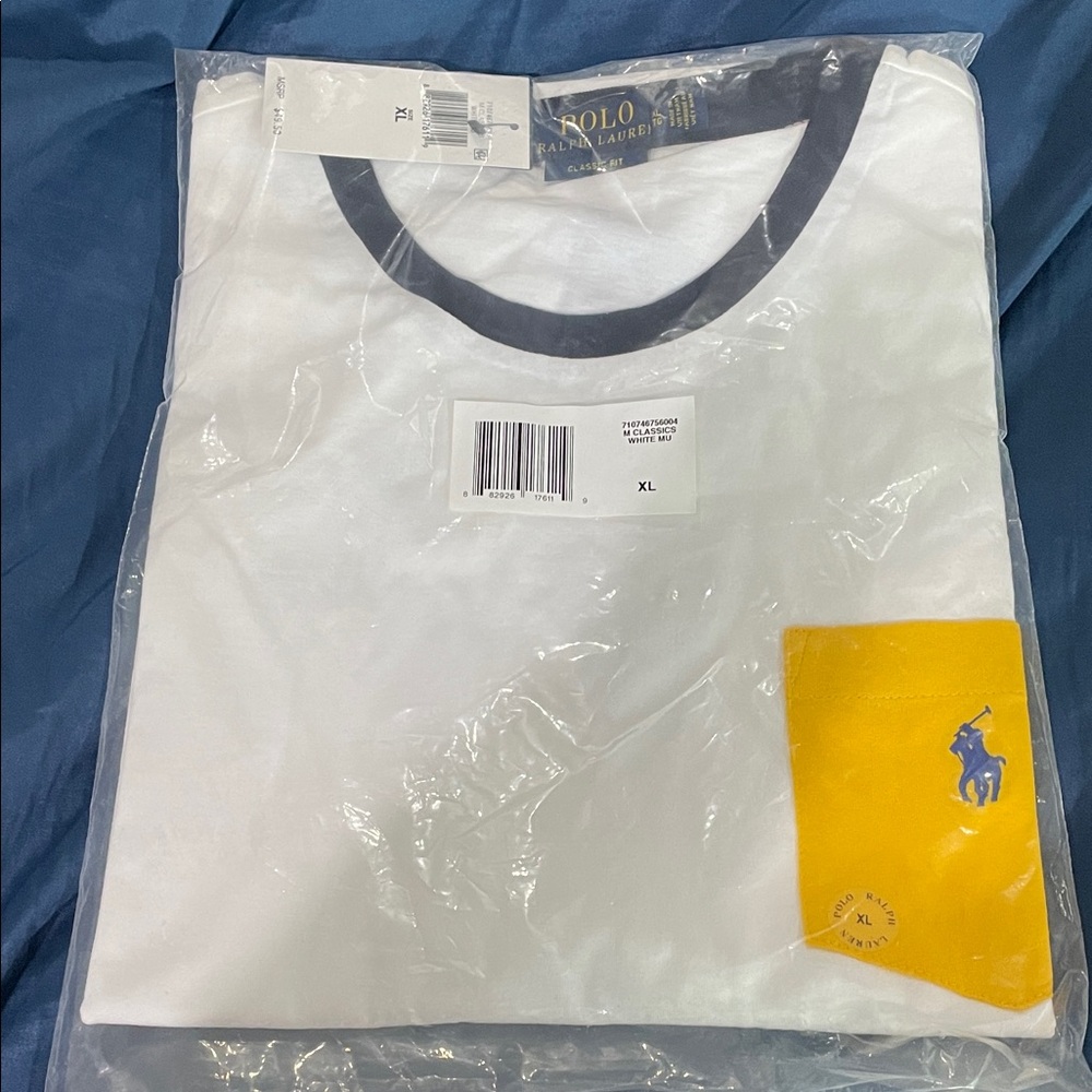 Ralph Lauren White Tee with Yellow Pocket. Men’s XL classic fit.
